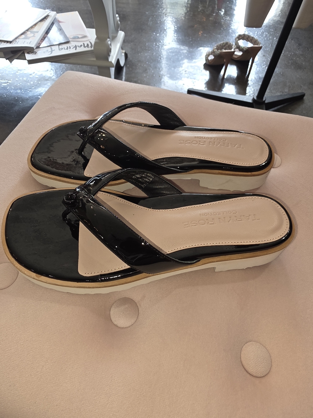 Taryn Rose Black Patent Platform Thong Sandals